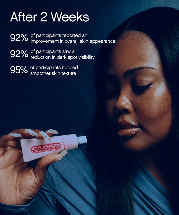 Faded Brightening + Clearing Serum For Dark Spots + Uneven Skintone results after 2 weeks showing improvement in skin appearance.