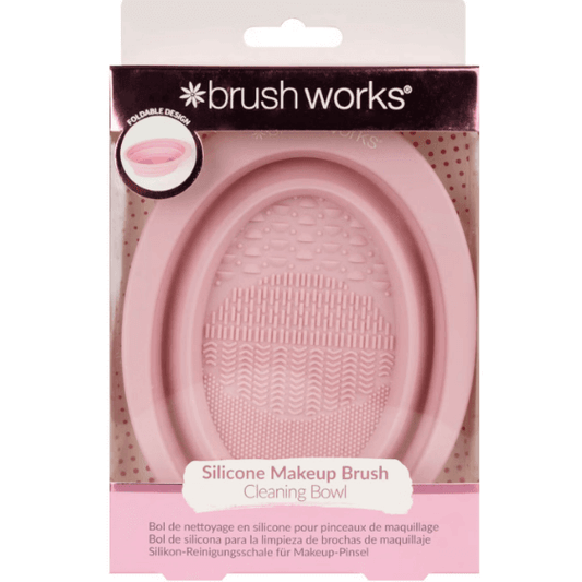 Brushworks Silicone Makeup Brush Cleaning Bowl in pink, foldable design for easy travel and effective brush cleansing.