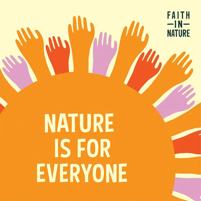 Colorful hands around a sun with Faith in Nature 'Nature is for Everyone' text on a yellow background, featuring the 'Faith in Nature' brand.