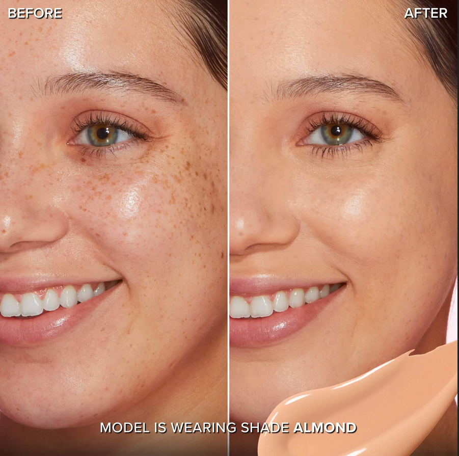 Before and after image of model using Too Faced Born This Way Super Coverage Multi Use Concealer in Almond shade.