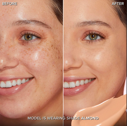 Before and after image of model using Too Faced Born This Way Super Coverage Multi Use Concealer in Almond shade.