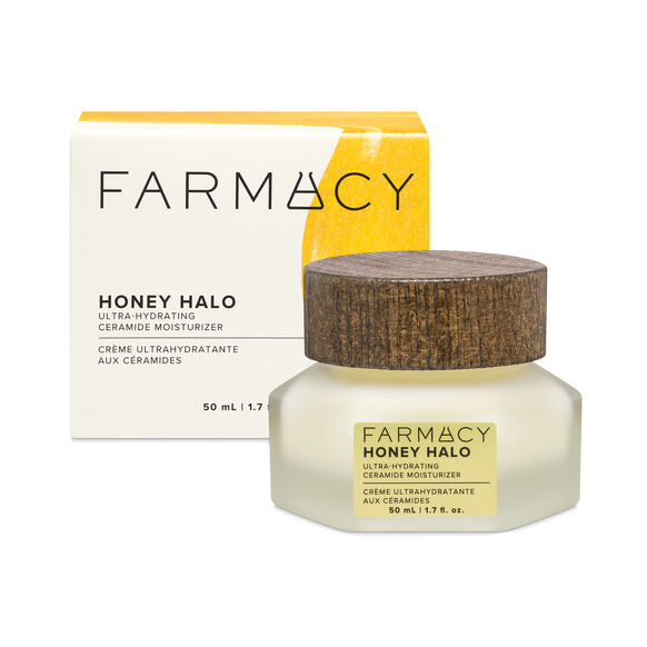 Farmacy Honey Halo moisturizer jar with wooden cap and packaging on a white background