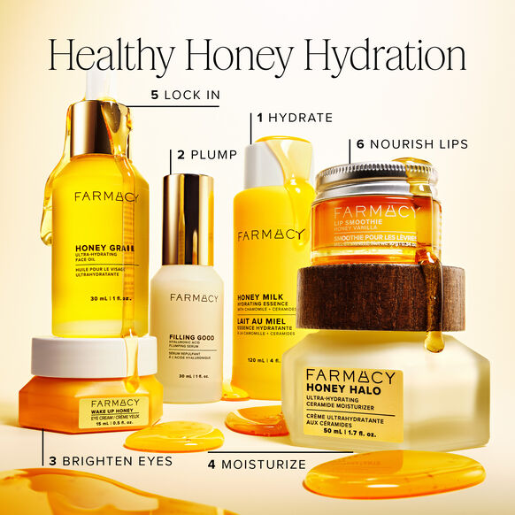 Farmacy honey skincare products with text indicating their benefits on a beige background