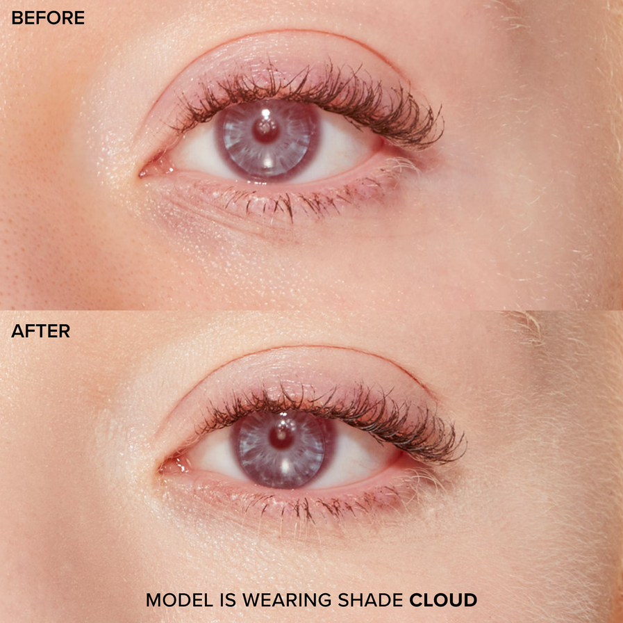 Before and after eye makeup transformation, model wearing Too Faced concealer in shade Cloud.