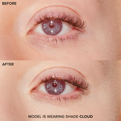 Before and after eye makeup transformation, model wearing Too Faced concealer in shade Cloud.