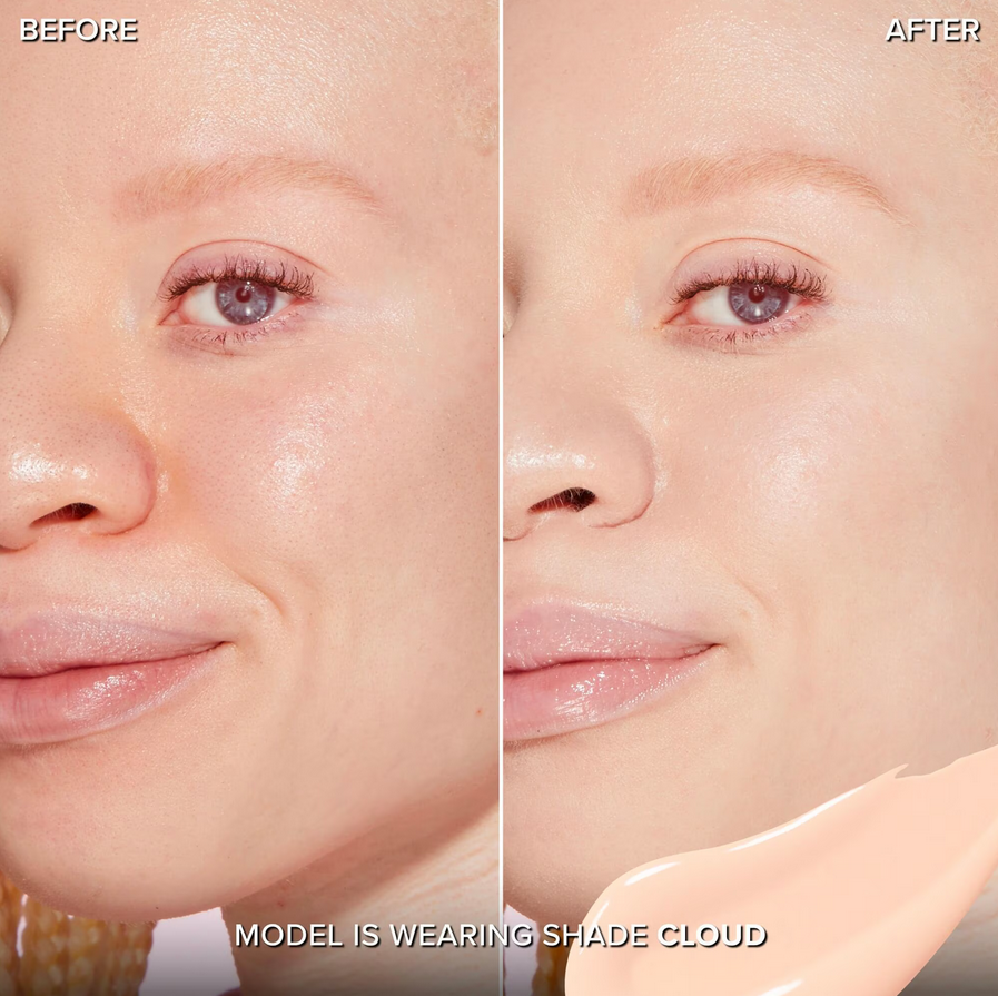 Before and after comparison of a model wearing Too Faced Born This Way Super Coverage Multi Use Concealer in shade Cloud.