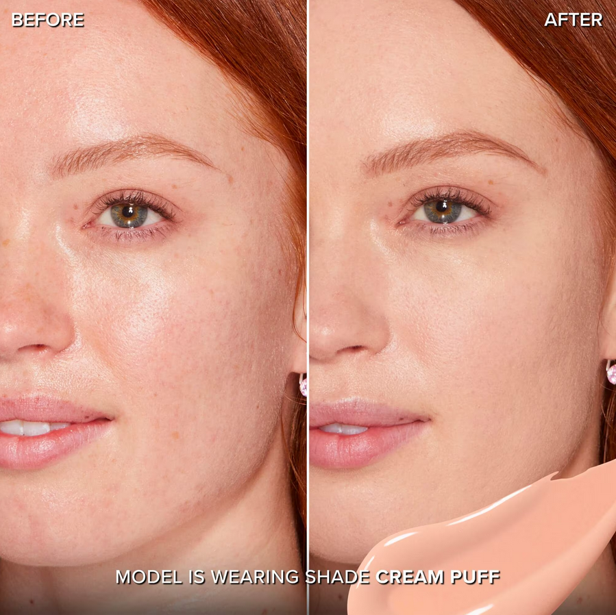 Before and after photo showing model's complexion transformation using Too Faced Born This Way Super Coverage Concealer Cream Puff.