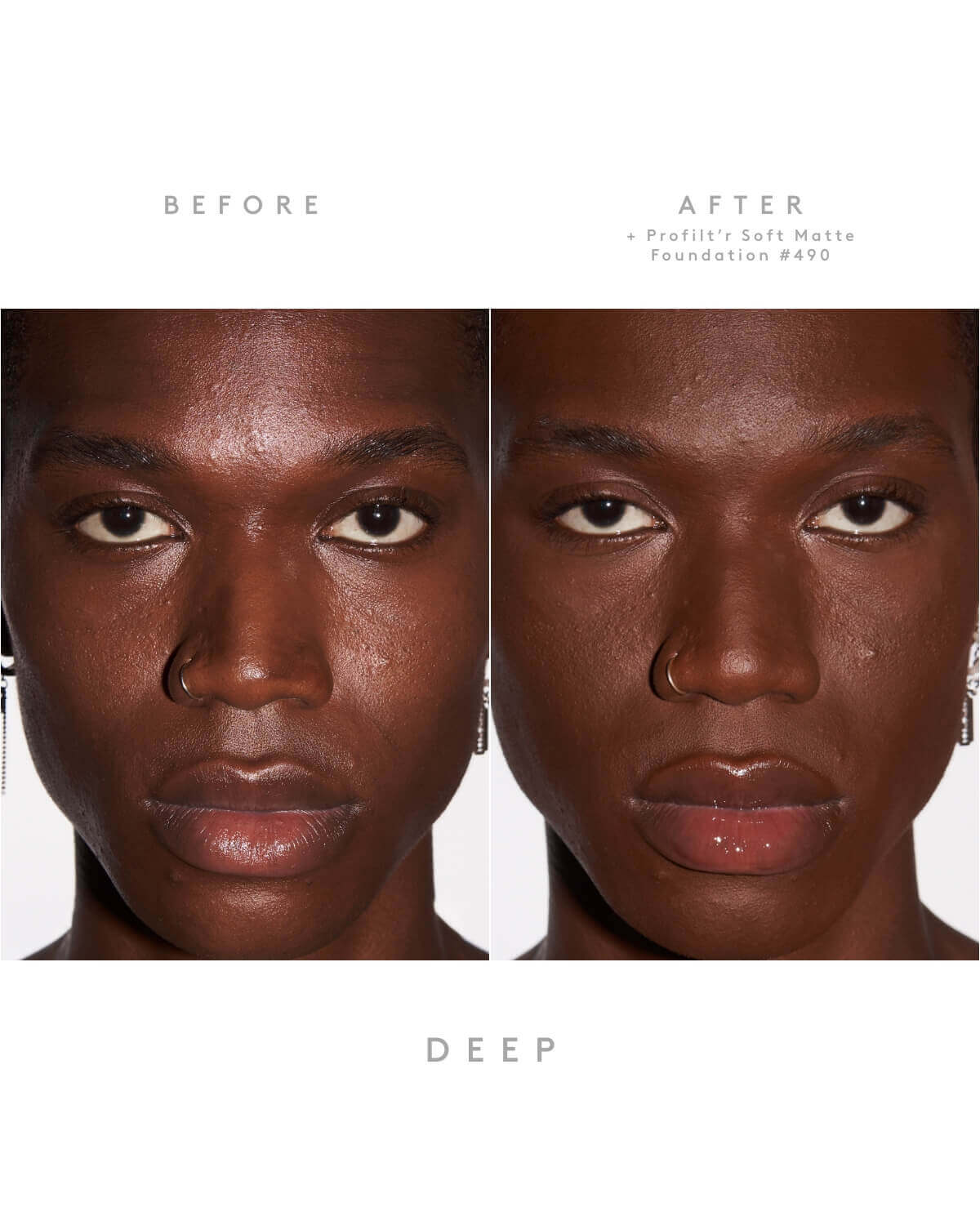 Before and after makeup transformation showing deep skin tone with Fenty Beauty Pro Filt'r Soft Matte Foundation #490.