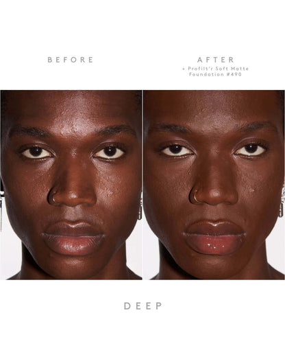 Before and after makeup transformation showing deep skin tone with Fenty Beauty Pro Filt'r Soft Matte Foundation #490.