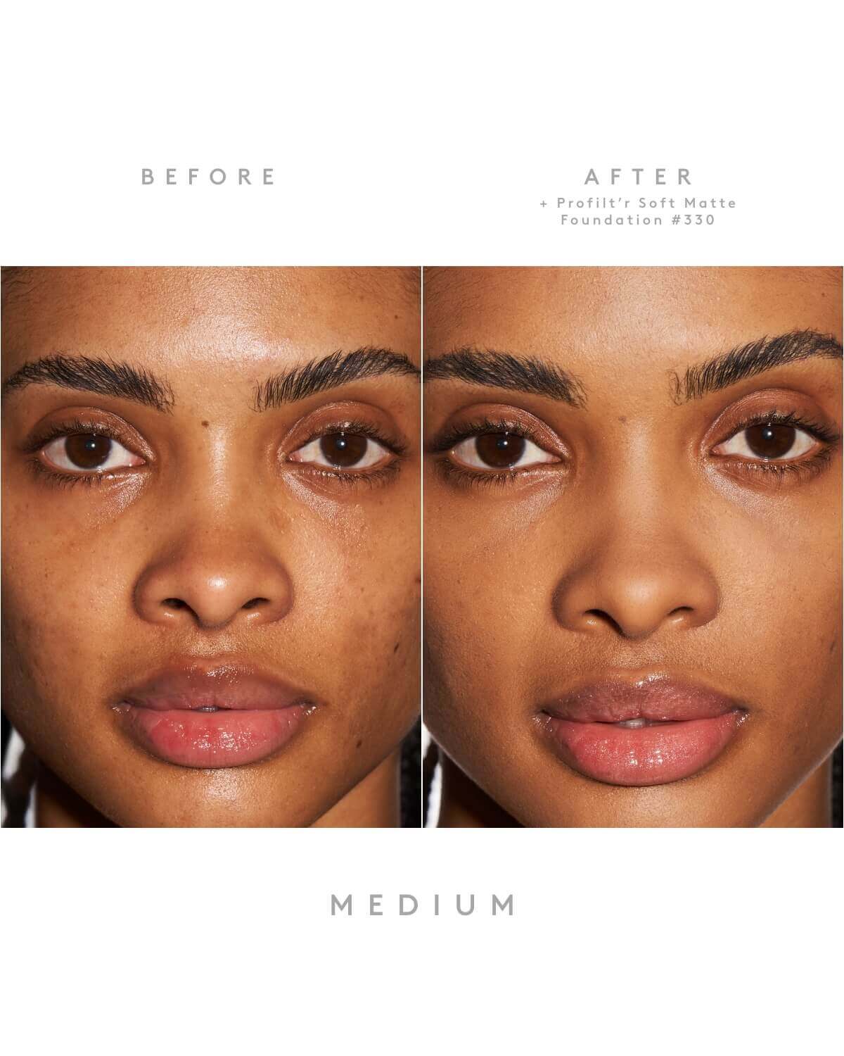 Before and after image showcasing Fenty Beauty Pro Filt'r Soft Matte Foundation #330 on medium skin tone.