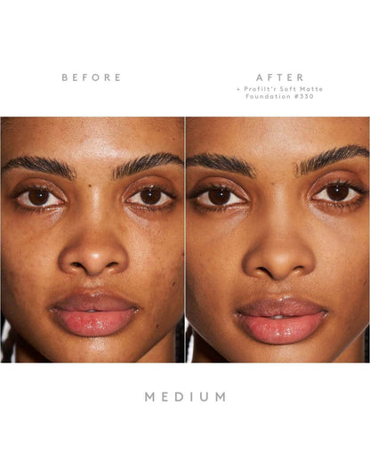 Before and after image showcasing Fenty Beauty Pro Filt'r Soft Matte Foundation #330 on medium skin tone.