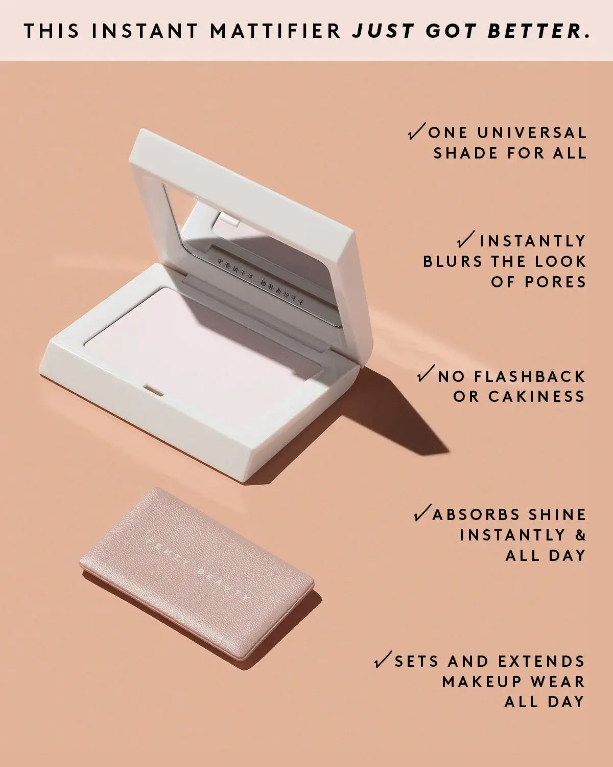 Fenty Beauty Mini Invisimatte Instant Setting + Blotting Powder showcases a sleek compact and powder, perfect for a flawless matte finish.