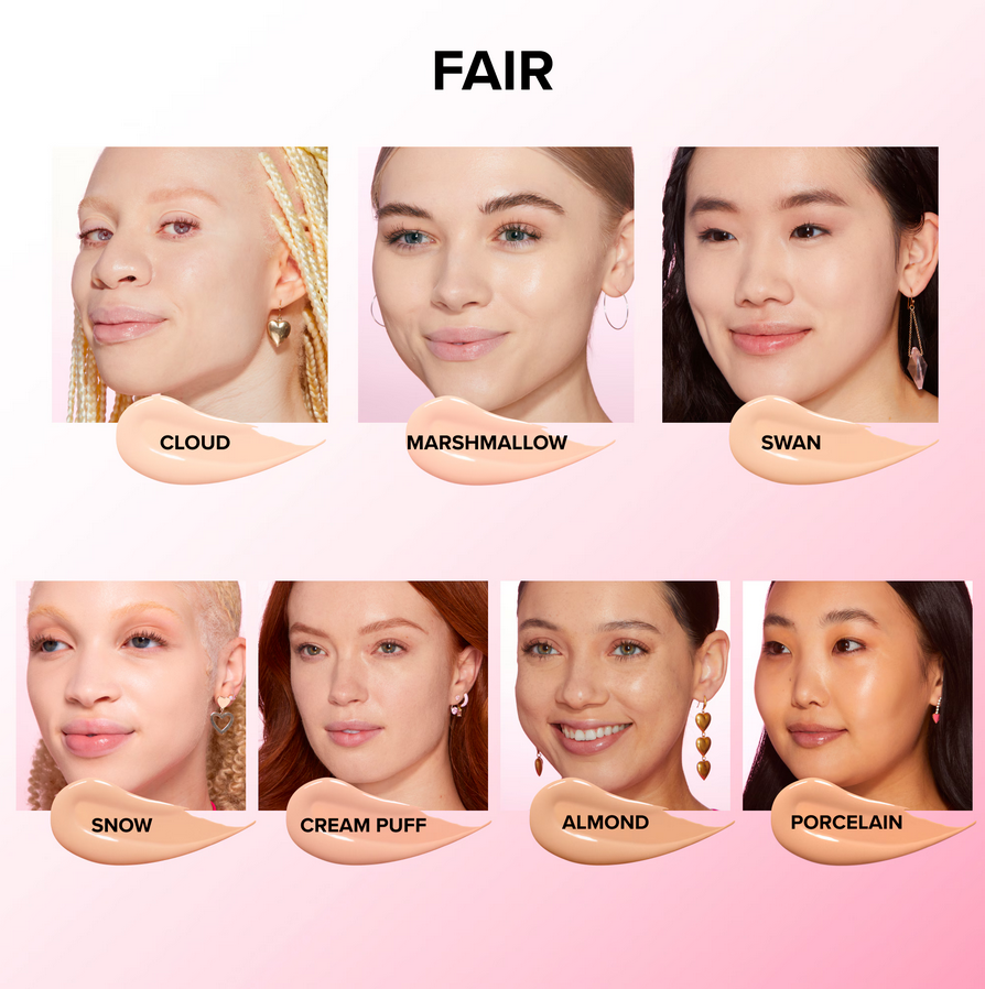 Too Faced Born This Way Fair shade swatches showcasing diverse skin tones: Cloud, Marshmallow, Swan, Snow, Cream Puff, Almond, Porcelain.