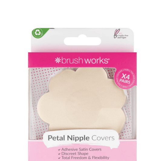 Brushworks Satin Petal Nipple Covers packaging featuring four pairs of adhesive satin covers for discreet use.