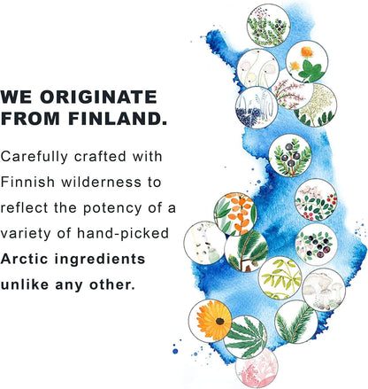Lumene Promotional graphic with text about origins from Finland and hand-picked Arctic ingredients, featuring illustrations of plants.