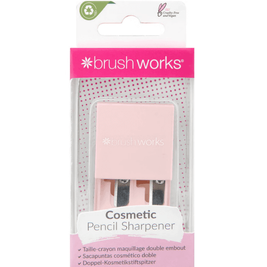 Brushworks Cosmetic Pencil Sharpener in pink packaging, designed for neat makeup application and mess-free sharpening.