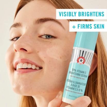 First Aid Beauty 10% Vitamin C Brightening Serum 50ml, visibly brightens and firms skin, ideal for sensitive skin types.