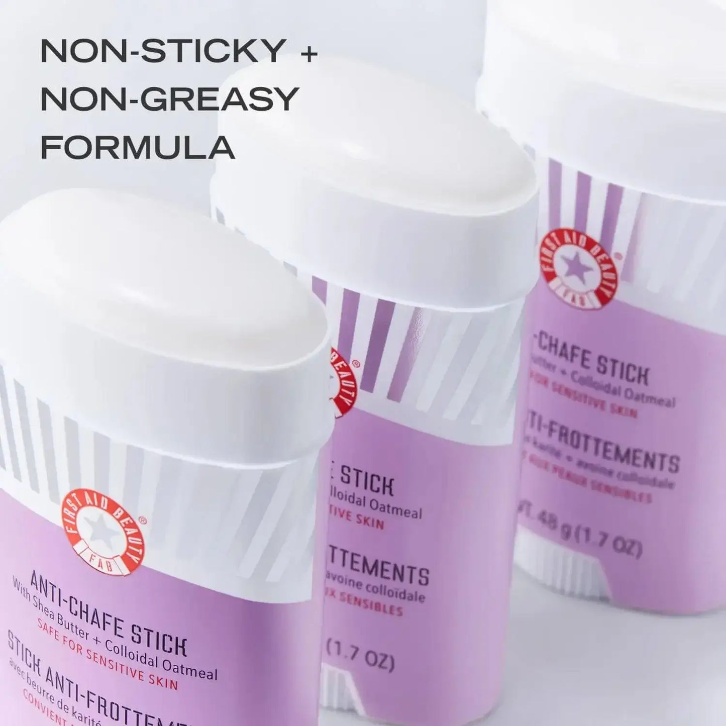 First Aid Beauty Anti-Chafe Stick showcasing its non-sticky and non-greasy formula for sensitive skin.