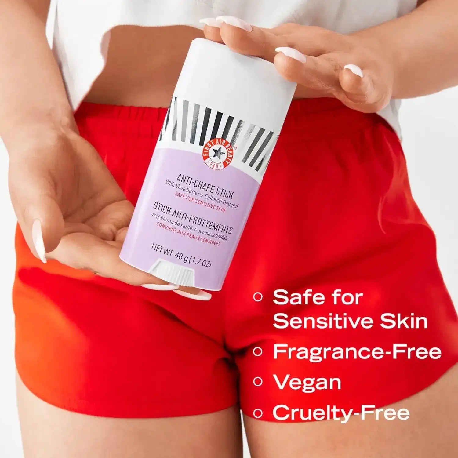 First Aid Beauty Anti-Chafe Stick with Shea Butter, suitable for sensitive skin, fragrance-free, vegan, and cruelty-free.