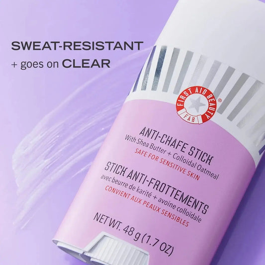 First Aid Beauty Anti-Chafe Stick with Shea Butter and Colloidal Oatmeal, sweat-resistant formula for sensitive skin.