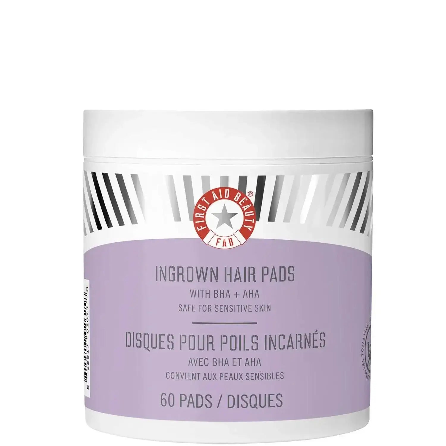 First Aid Beauty BHA and AHA Ingrown Hair Pads jar, pack of 60 exfoliating pads for sensitive skin.