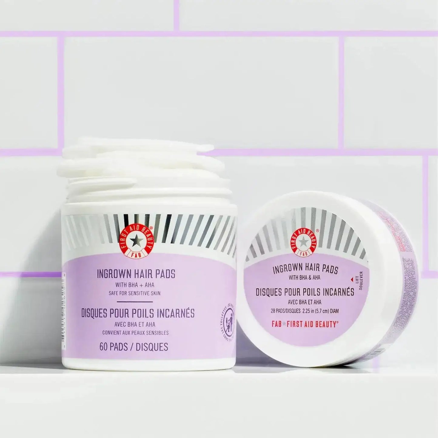 First Aid Beauty BHA and AHA ingrown hair pads in a jar, 60 pads, to reduce redness and razor bumps.