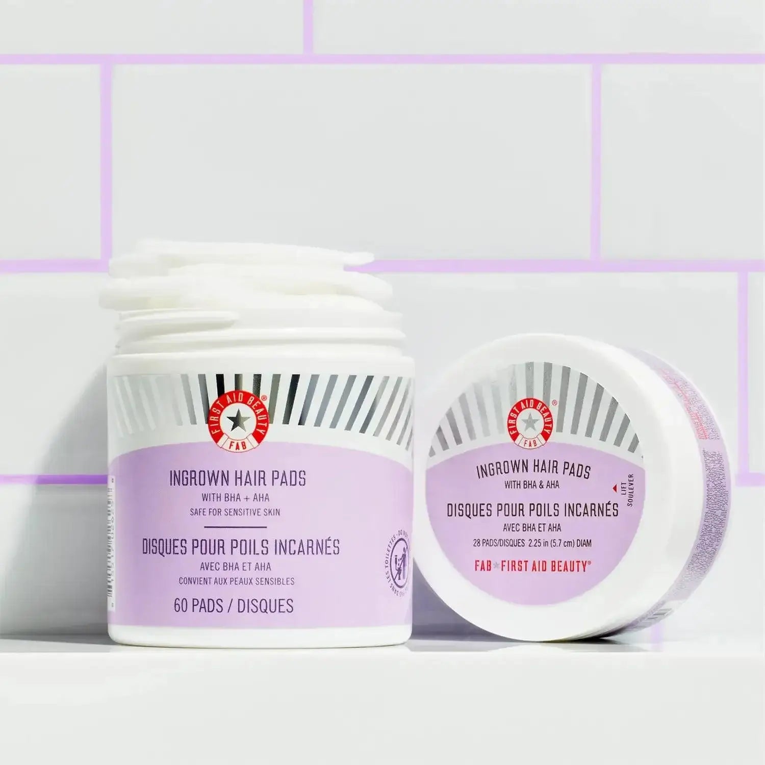 First Aid Beauty BHA and AHA ingrown hair pads in a jar, 60 pads, to reduce redness and razor bumps.