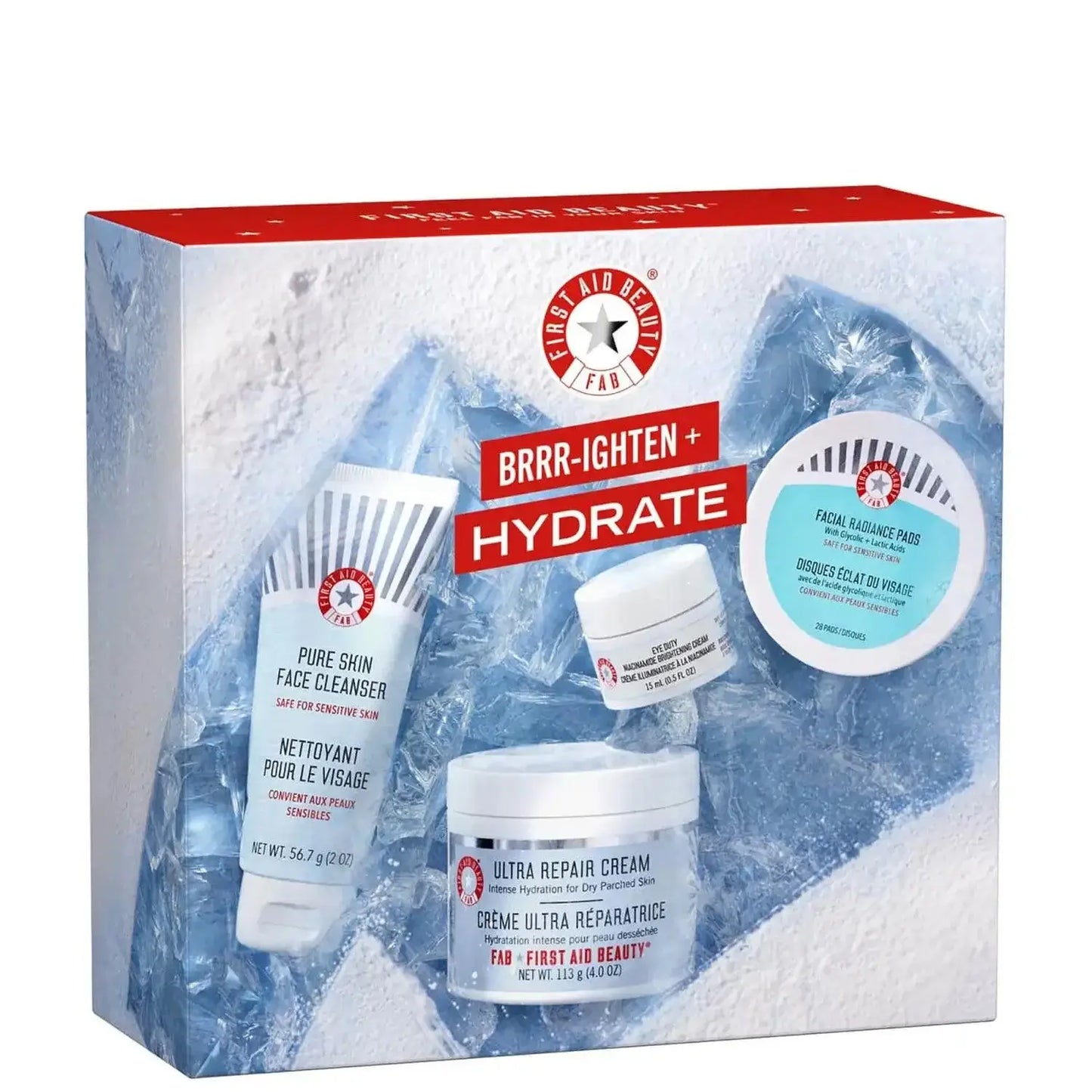 First Aid Beauty BRRR-ighten and Hydrate Set includes facial cleanser and ultra repair cream for sensitive skin.