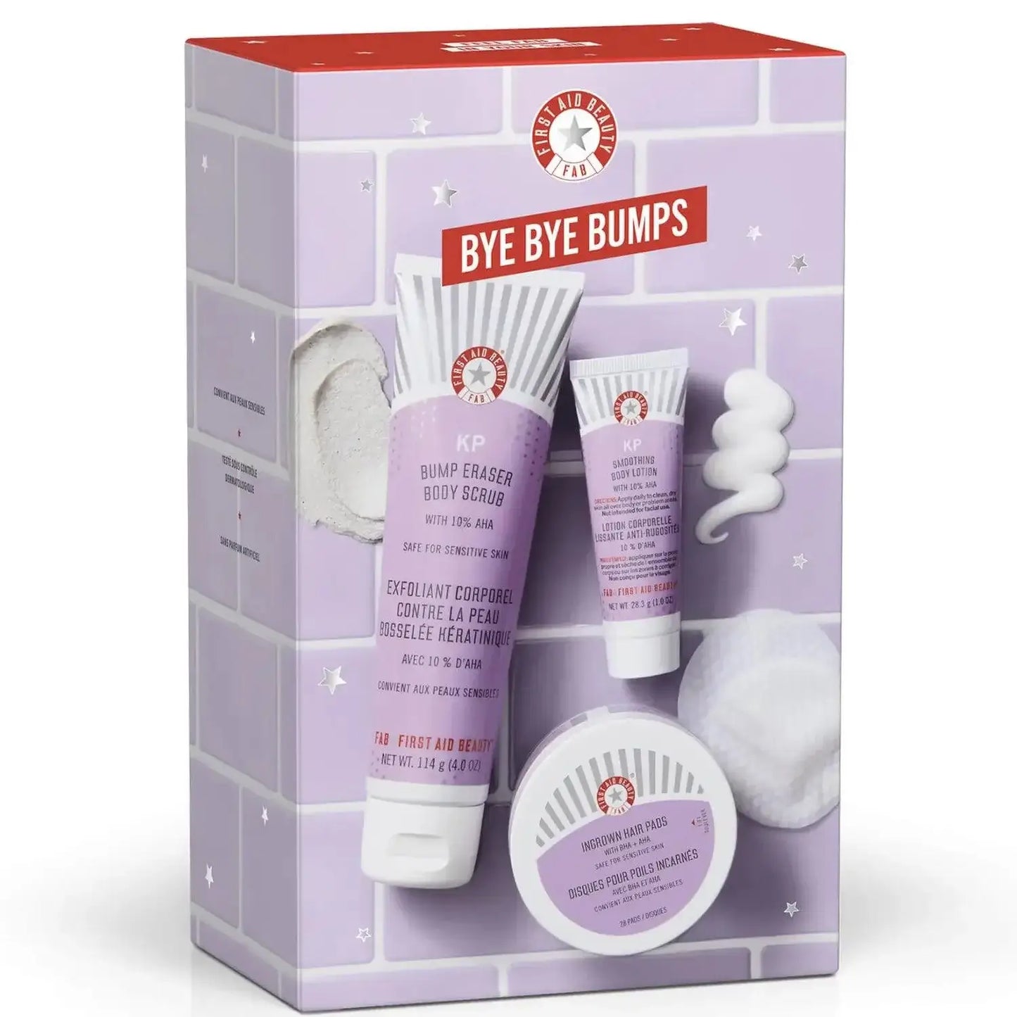 First Aid Beauty Bye Bye Bumps body kit, including KP Bump Eraser and moisturizing products, designed for smooth skin.