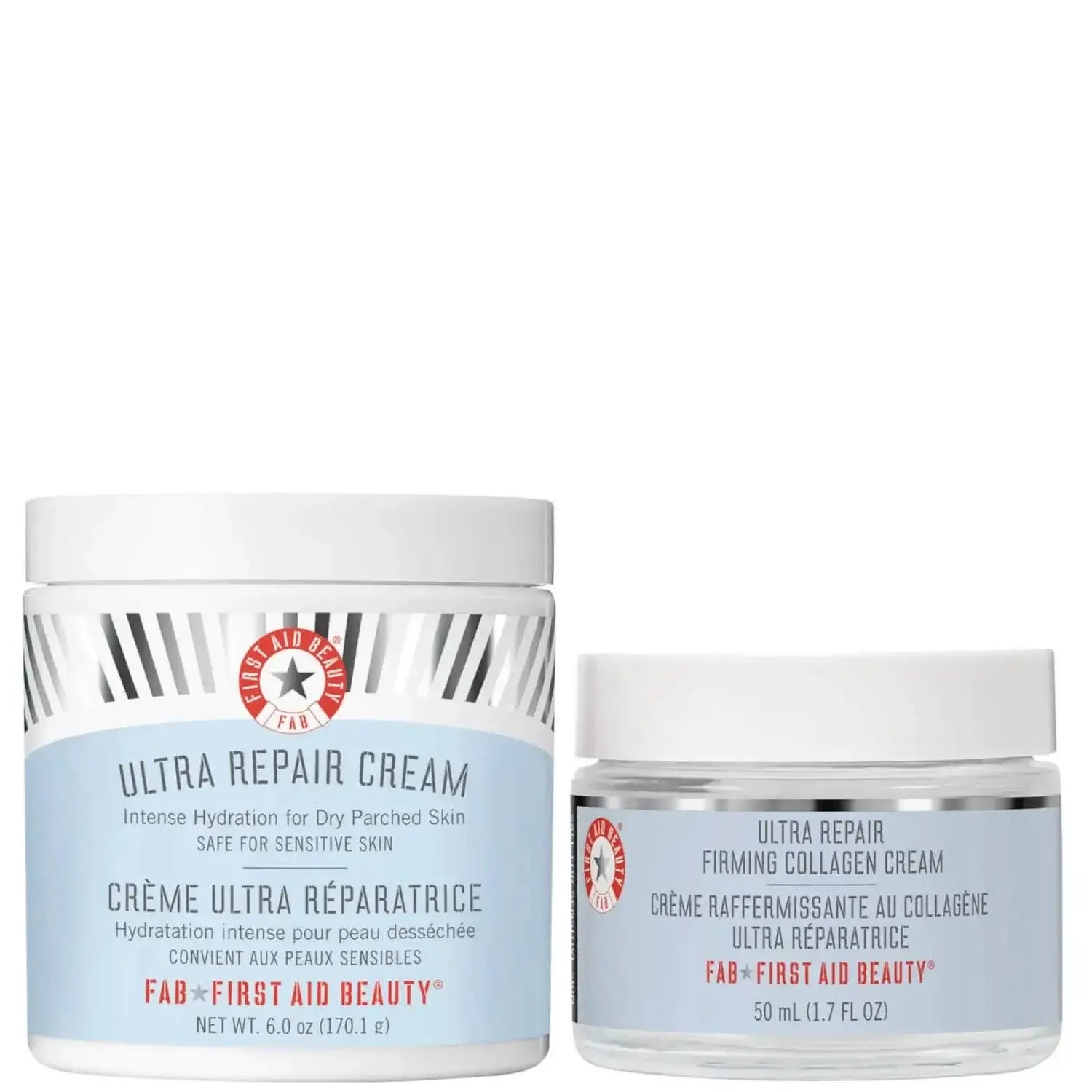 First Aid Beauty Dry Skin Duo featuring Ultra Repair Cream and Firming Collagen Cream for dry, sensitive skin.