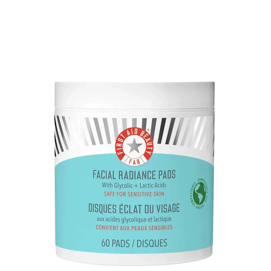 First Aid Beauty Facial Radiance Pads with Glycolic and Lactic Acids for brighter skin, safe for sensitive skin types.