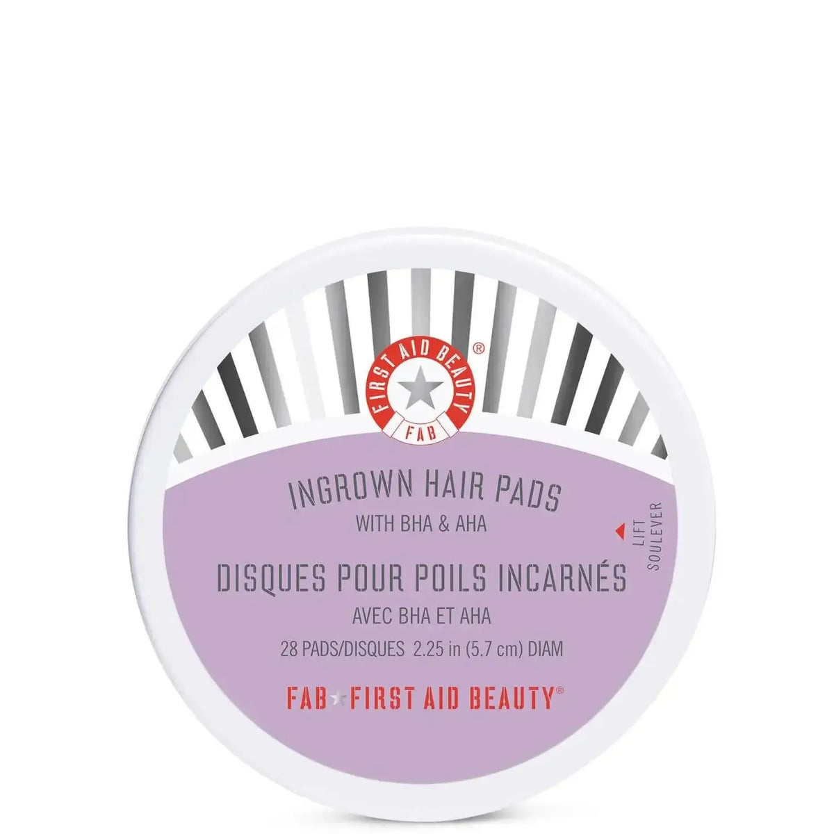 First Aid Beauty Ingrown Hair Treatment Pads container with BHA and AHA, 28 exfoliating pads for smoother skin.