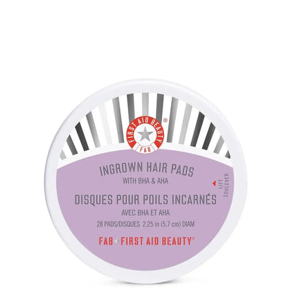 First Aid Beauty Ingrown Hair Treatment Pads container with BHA and AHA, 28 exfoliating pads for smoother skin.