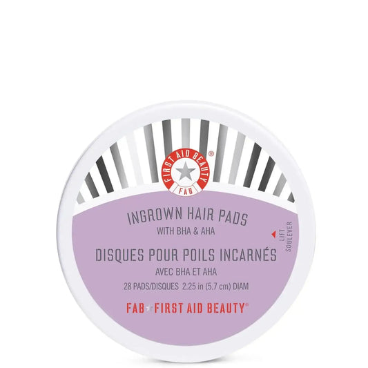First Aid Beauty Ingrown Hair Treatment Pads container with BHA and AHA, 28 exfoliating pads for smoother skin.