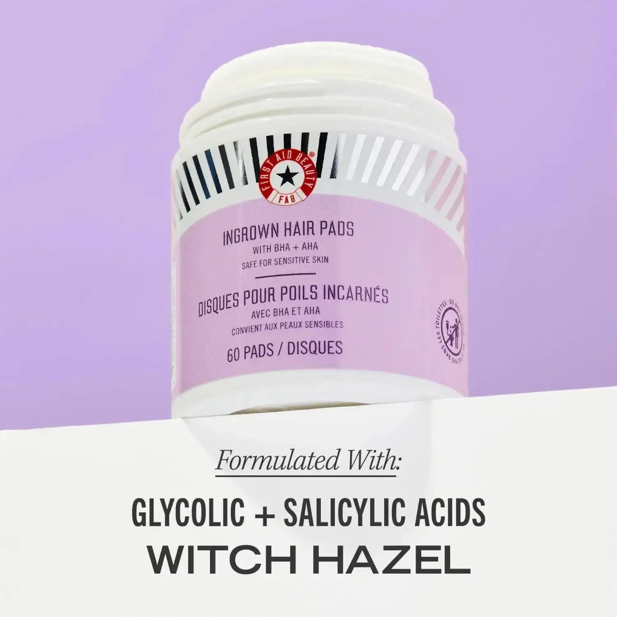 First Aid Beauty Ingrown Hair Treatment Pads jar with glycolic and salicylic acids, designed for sensitive skin, 60 pads.