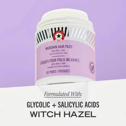 First Aid Beauty Ingrown Hair Treatment Pads jar with glycolic and salicylic acids, designed for sensitive skin, 60 pads.
