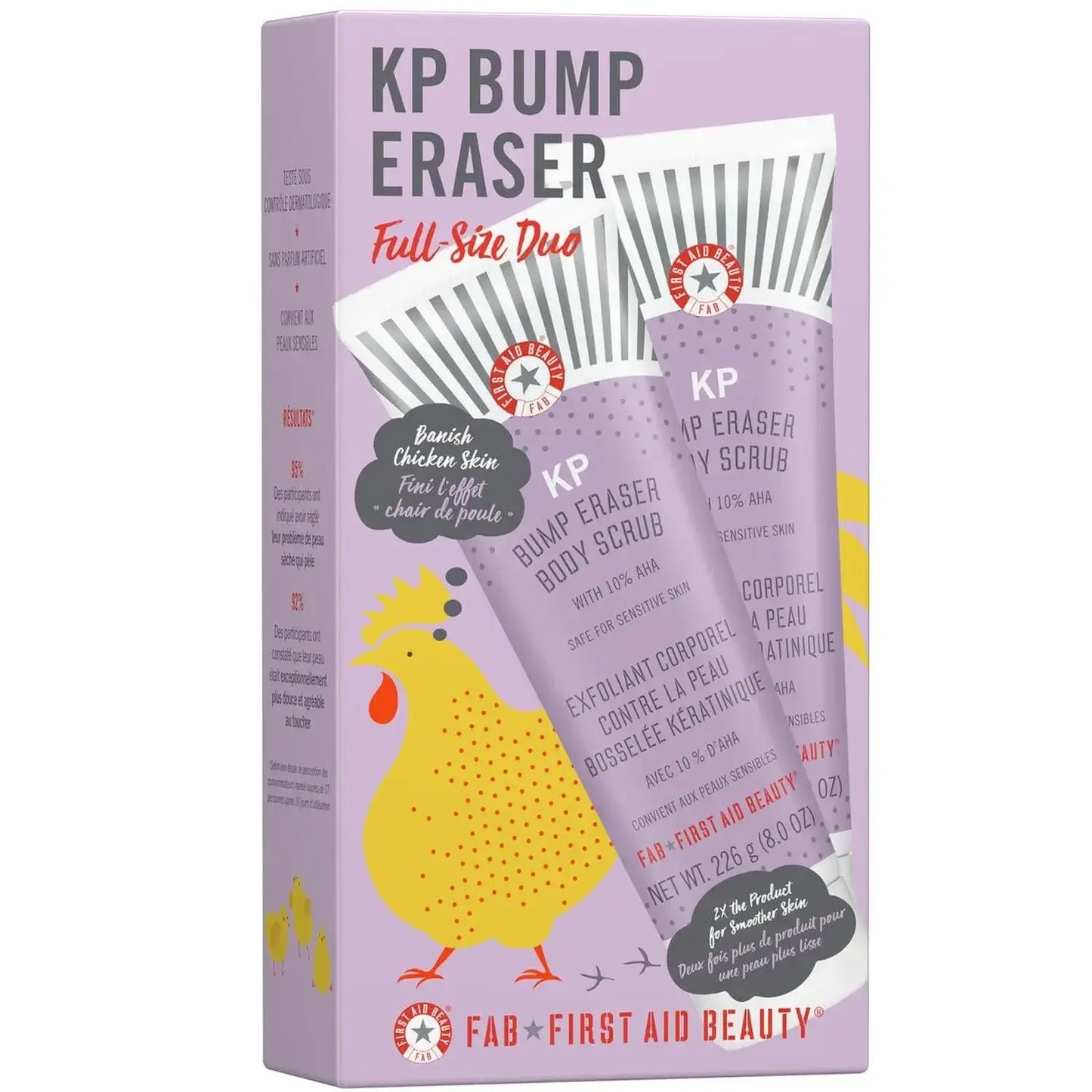 First Aid Beauty KP Bump Eraser Scrub Duo packaging showcasing two full-size body scrubs for smooth, soft skin.