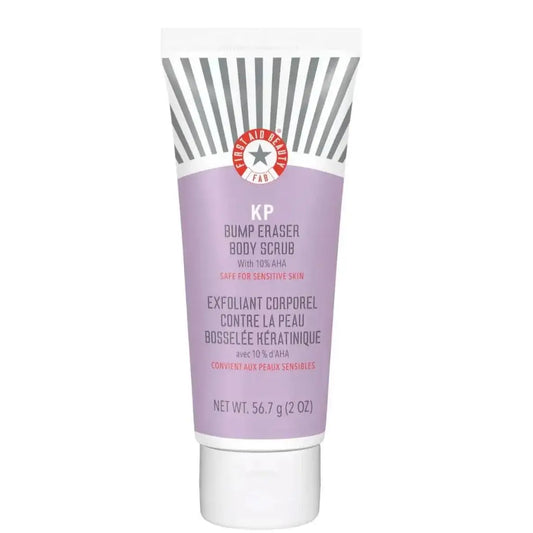 First Aid Beauty KP Bump Eraser Body Scrub 56.7g with 10% AHA for smooth skin, travel-sized and safe for sensitive skin.