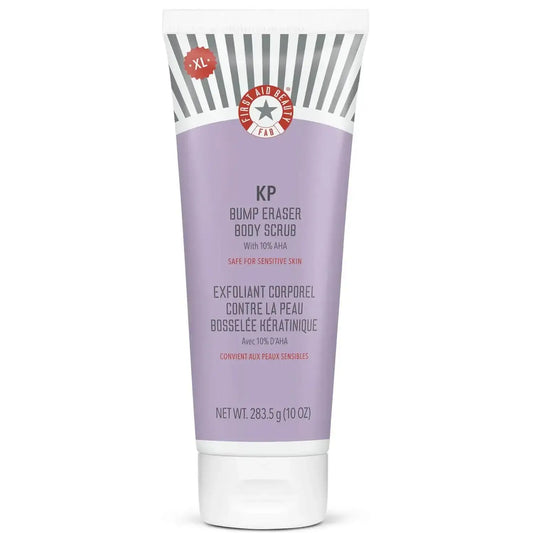 First Aid Beauty KP Bump Eraser Body Scrub tube with 10% AHA for exfoliating keratosis pilaris, 283.5g.