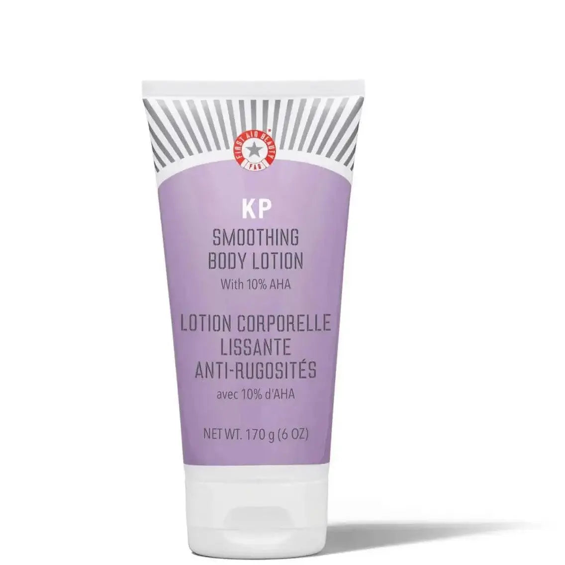 First Aid Beauty KP Smoothing Body Lotion with 10% AHA, 170g tube for smooth and hydrated skin.
