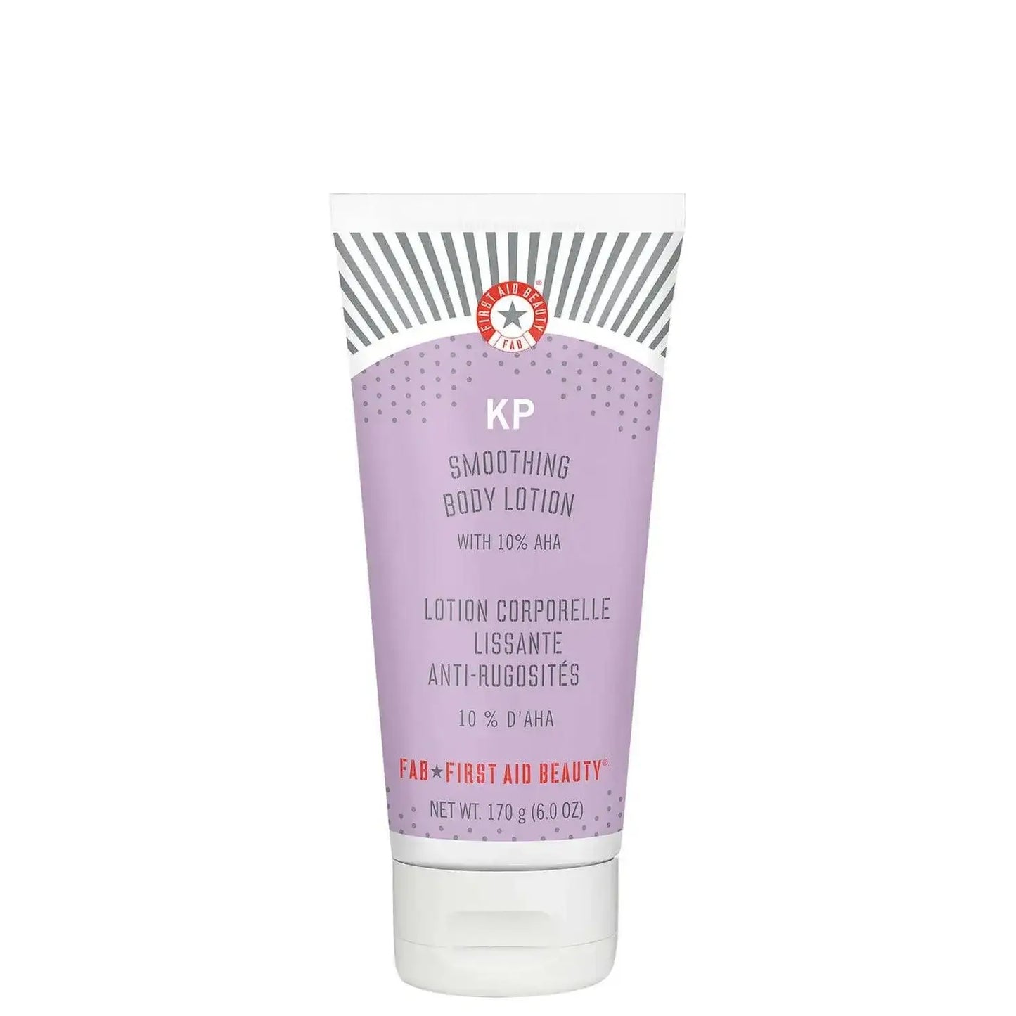 First Aid Beauty KP Smoothing Body Lotion with 10% AHA, 170g tube for body exfoliation and smooth skin appearance.