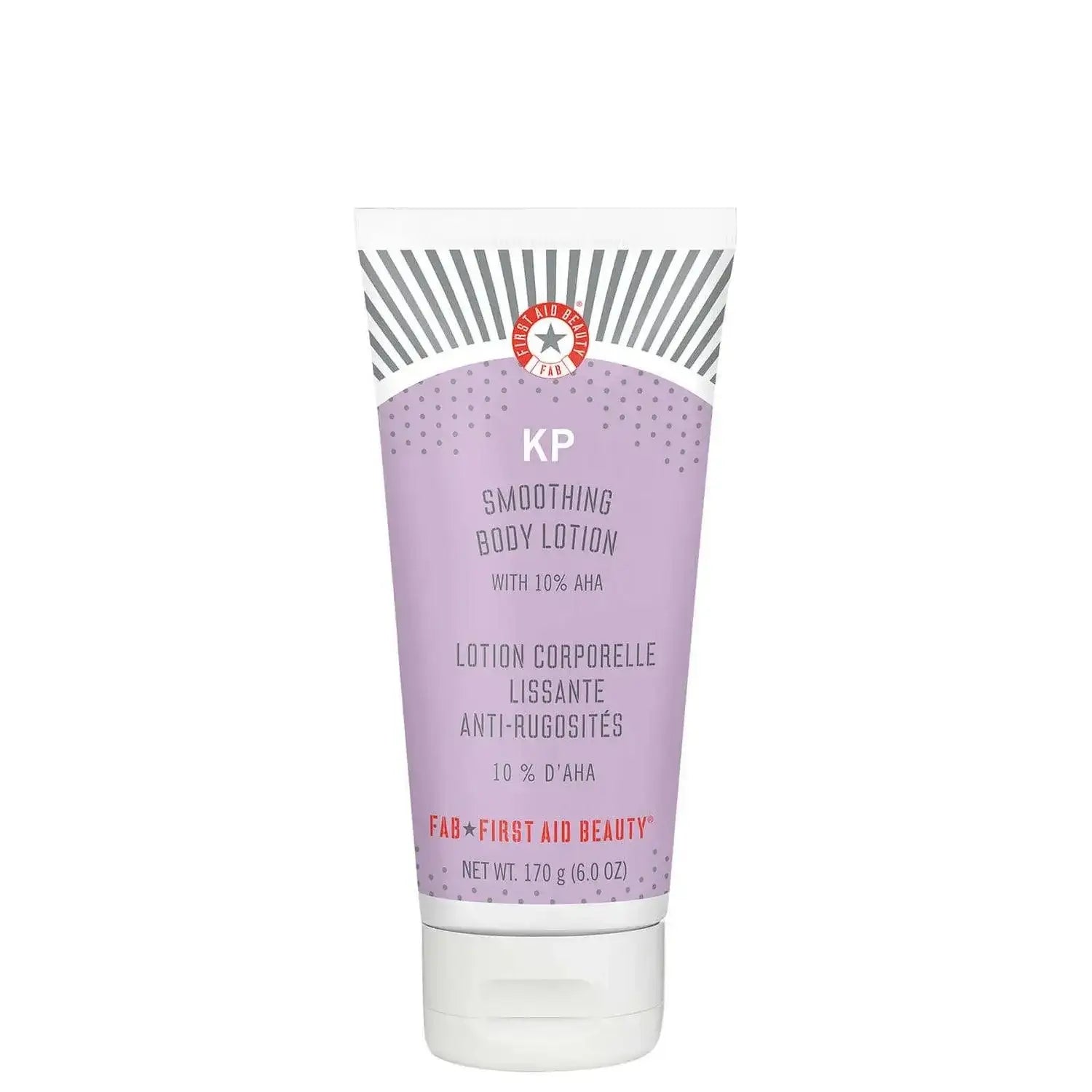 First Aid Beauty KP Smoothing Body Lotion with 10% AHA, 170g tube for body exfoliation and smooth skin appearance.