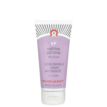 First Aid Beauty KP Smoothing Body Lotion with 10% AHA, 170g tube for body exfoliation and smooth skin appearance.