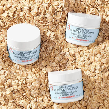 First Aid Beauty Oil-Control Moisturiser 50ml on an oat background, perfect for oily skin hydration without clogging pores.