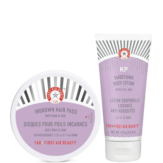 First Aid Beauty Smooth and Sculpt Duo featuring KP Smoothing Body Lotion and Ingrown Hair Pads for smooth skin.