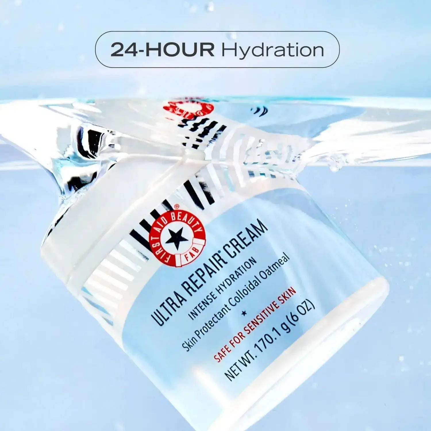 First Aid Beauty Ultra Repair Cream 170g in water, promoting 24-hour hydration for sensitive skin.
