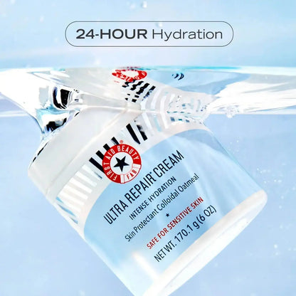 First Aid Beauty Ultra Repair Cream 170g in water, promoting 24-hour hydration for sensitive skin.