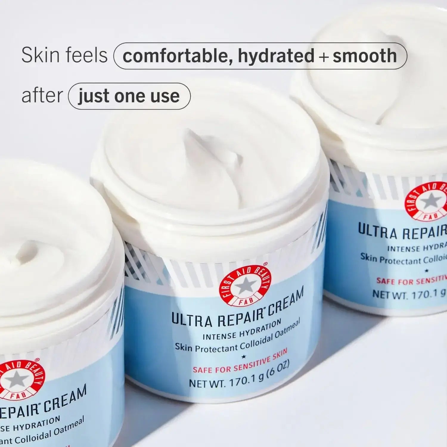First Aid Beauty Ultra Repair Cream jars showcasing intense hydration for sensitive skin, delivering comfort and smoothness.