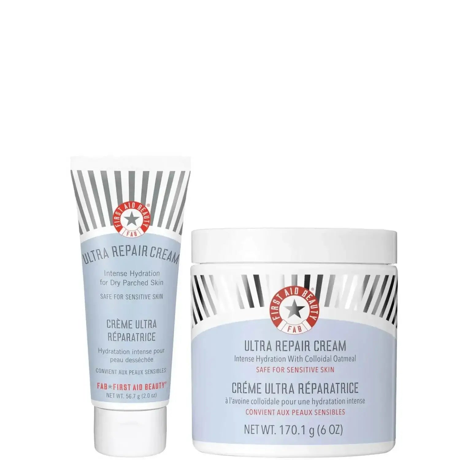 First Aid Beauty Ultra Repair Cream Bundle featuring large jar and tube for intense hydration, suitable for sensitive skin.