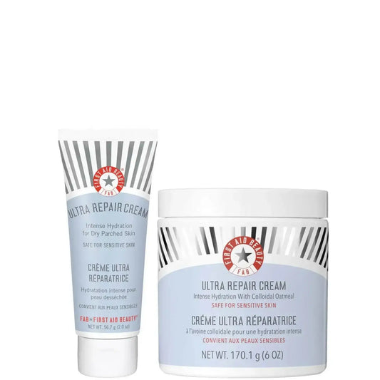 First Aid Beauty Ultra Repair Cream Bundle featuring large jar and tube for intense hydration, suitable for sensitive skin.